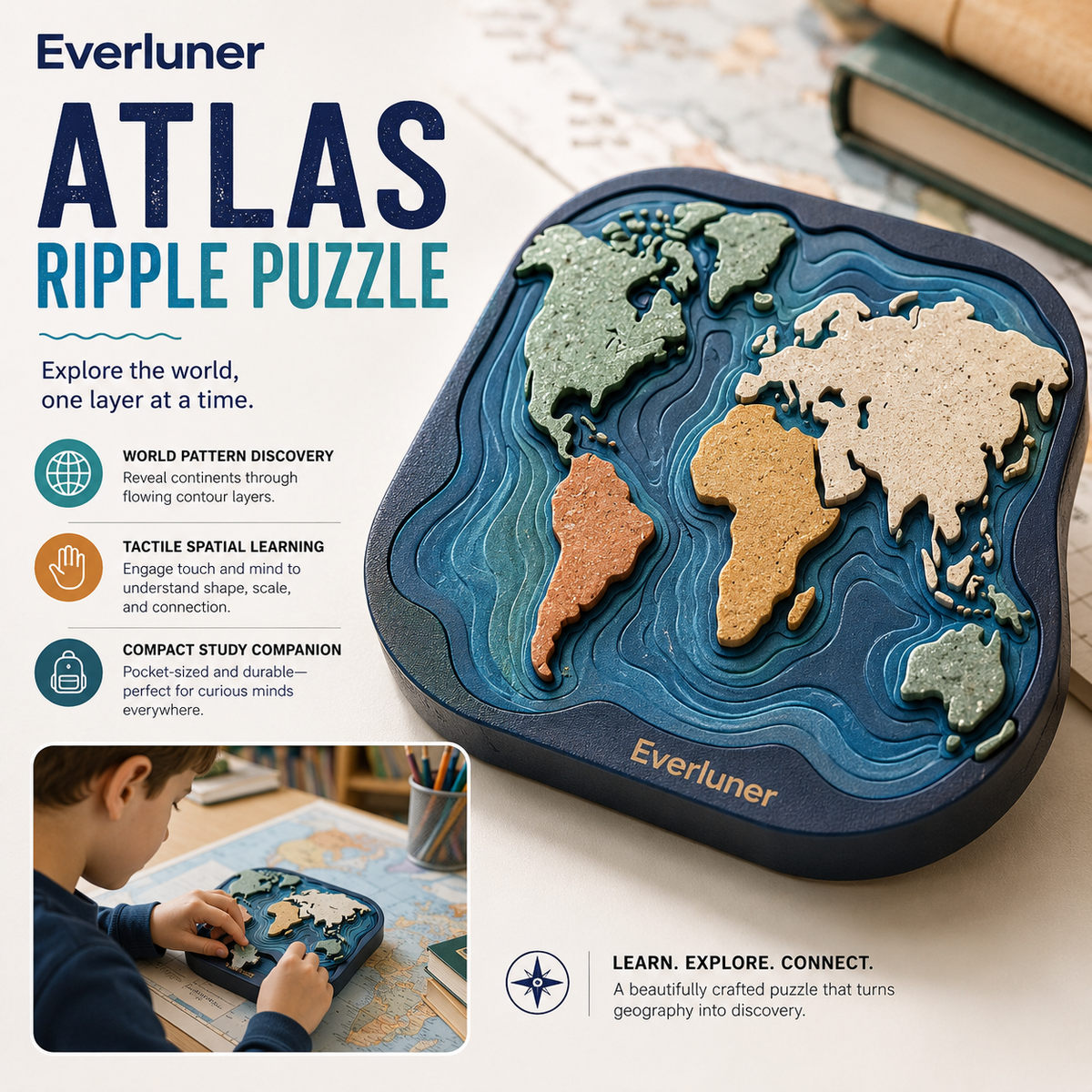 Evertiesp™ Atlas Ripple Puzzle — Layered World Geography Board